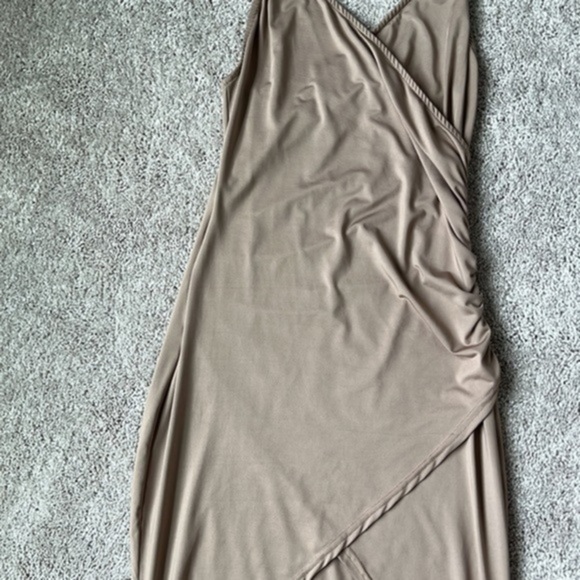 Tan Women's Wraped V Neck Ruched Split Slit Spaghetti Strap Bodycon Mini Dress - Picture 4 of 4